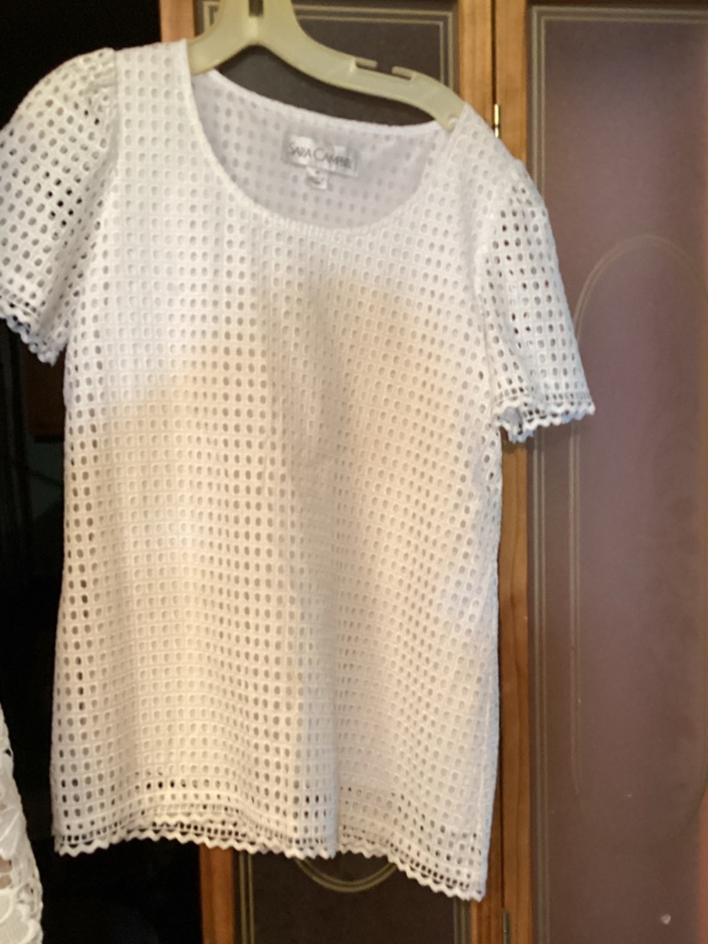 Sara Campbell White Open Crochet Short Sleeve Top